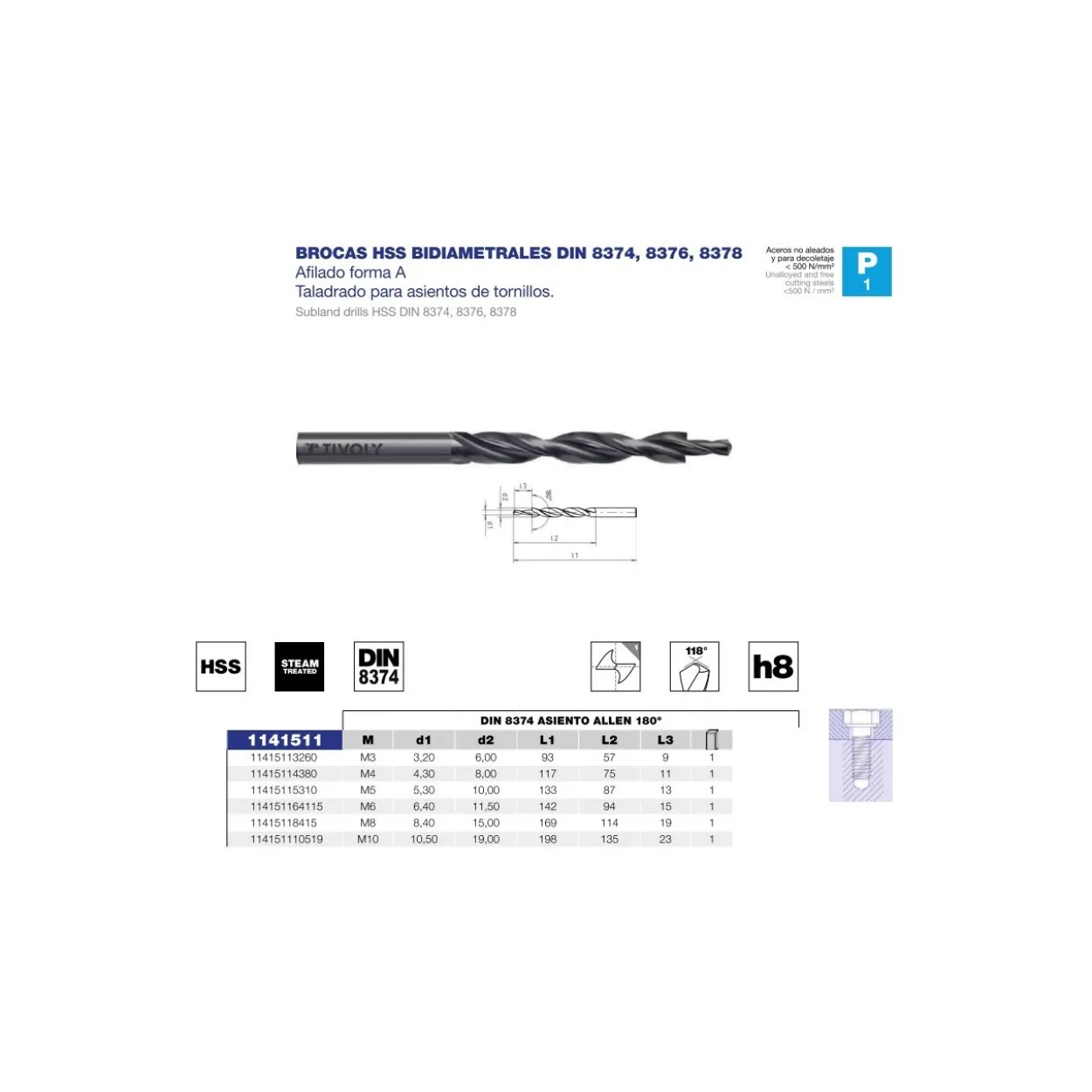 Broca bidiametral DIN-8374 asiento tornillo 180º
