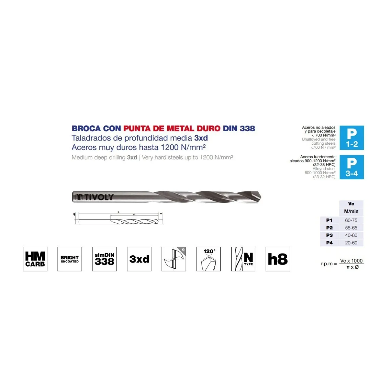 Broca DIN-338 cilíndrica HM 3XD punta metal duro