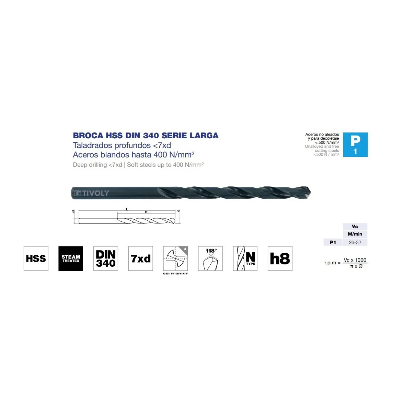 Broca DIN-340 cilíndrica HSS 7XD estándar larga