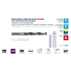 Broca DIN-6537K TiALN 5XD refrigerada metal duro