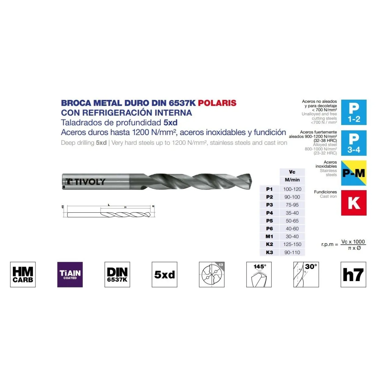 Broca DIN-6537K TiALN 5XD refrigerada metal duro