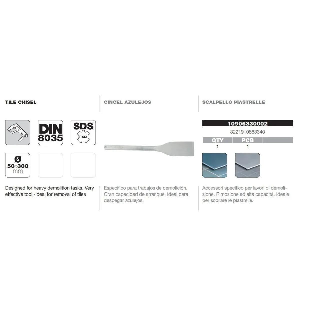Cincel DIN-8035 SDS-Max azulejos Tivoly