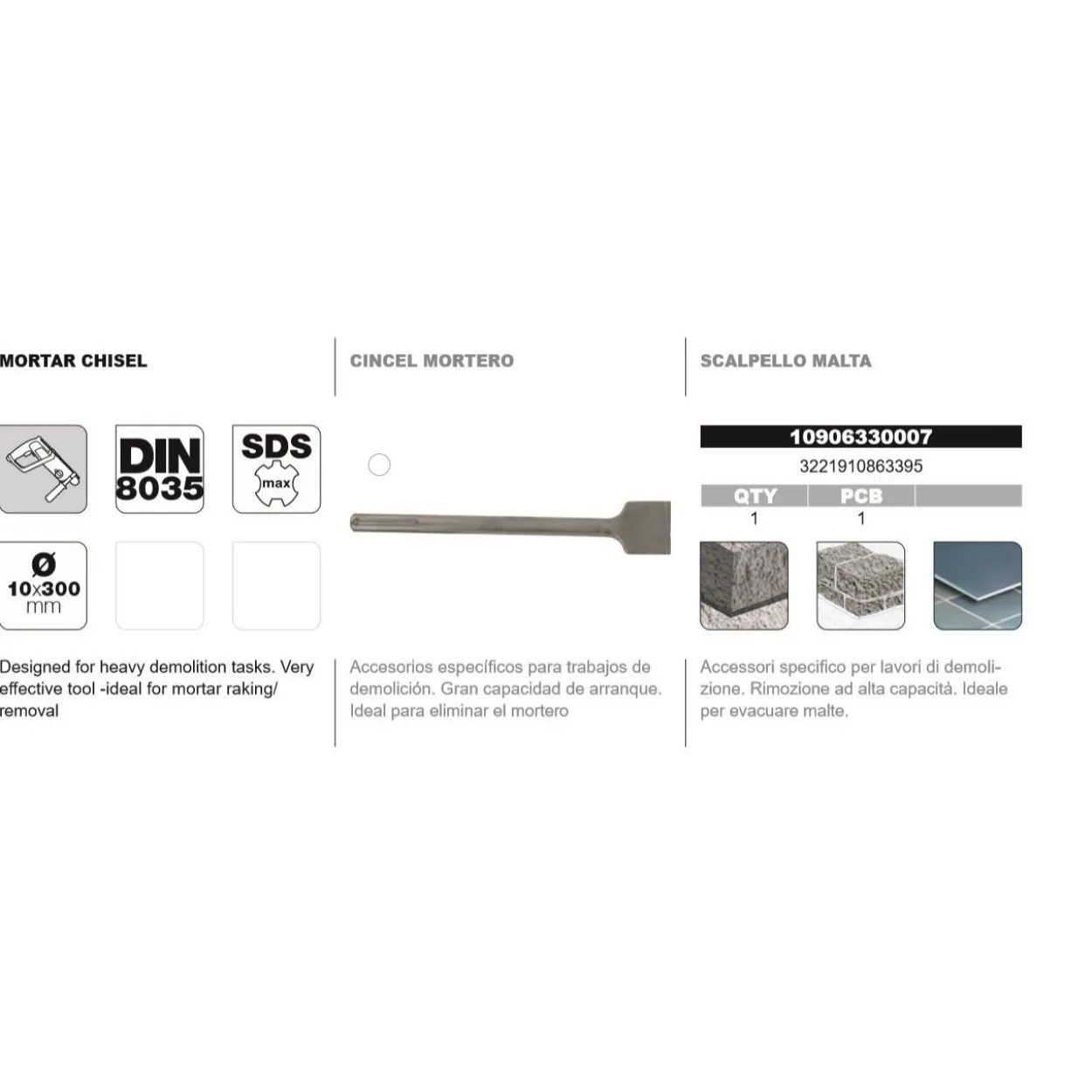 Cincel DIN-8035 SDS-Max Tivoly mortero
