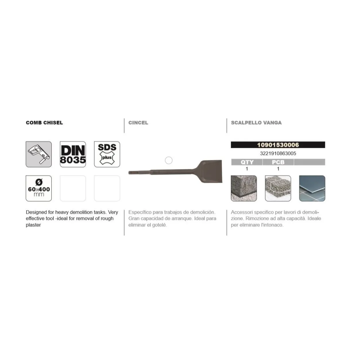 Cincel DIN-8035 SDS+ tipo pala ancha Tivoly gotelé
