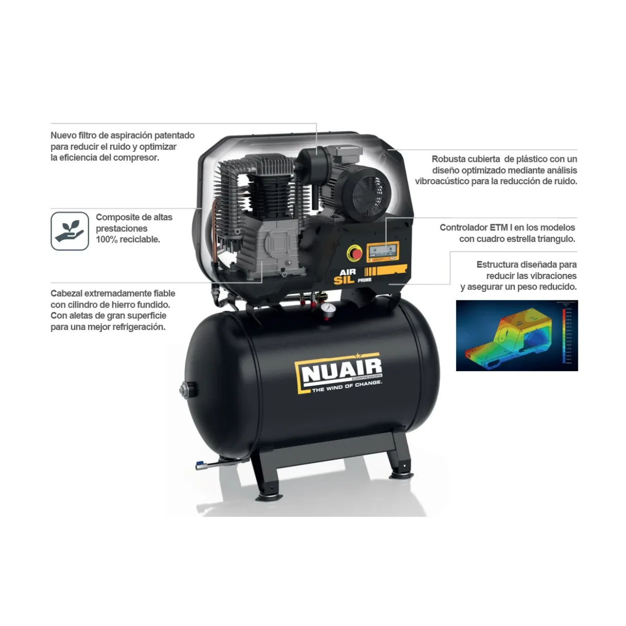 Compresor pistón insonorizado Nuair Airsil Prime 5,5cv 270 litros