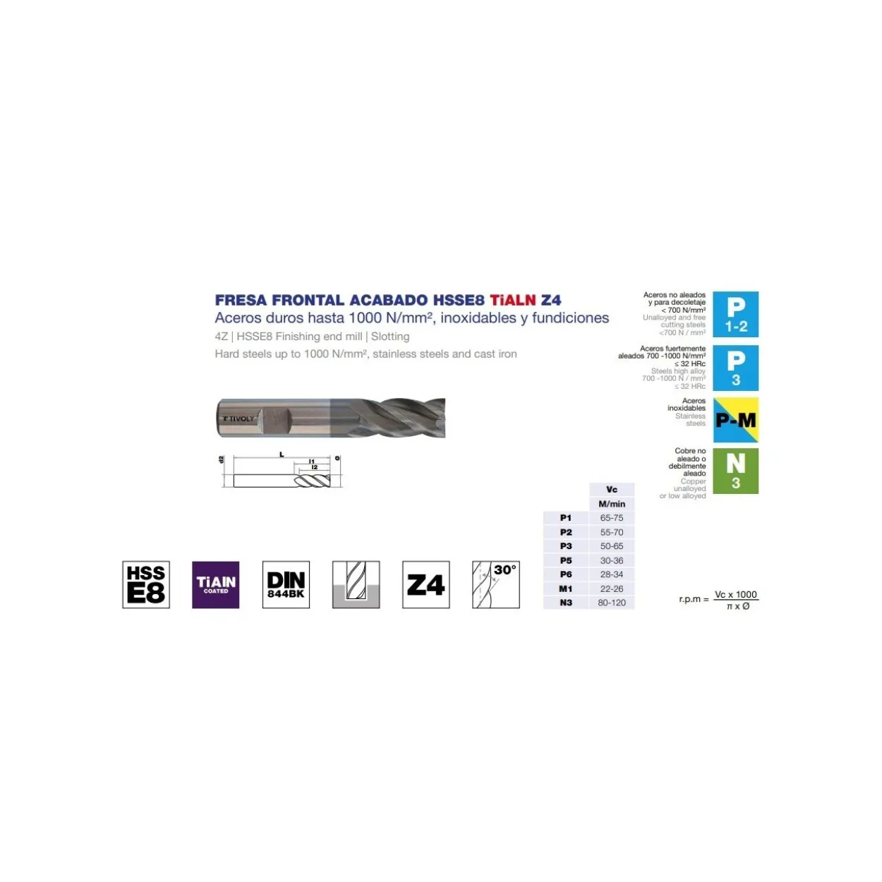 Fresa frontal DIN-844BK acabado HSSE8 TiALN Z4