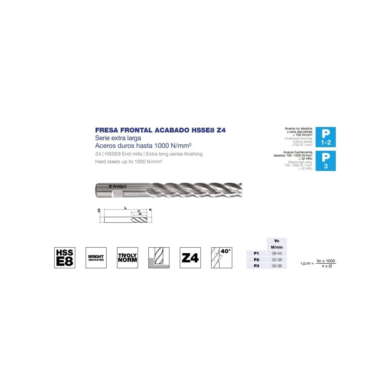 Fresa frontal extralarga DIN-844BL acabado HSSE8 Z3