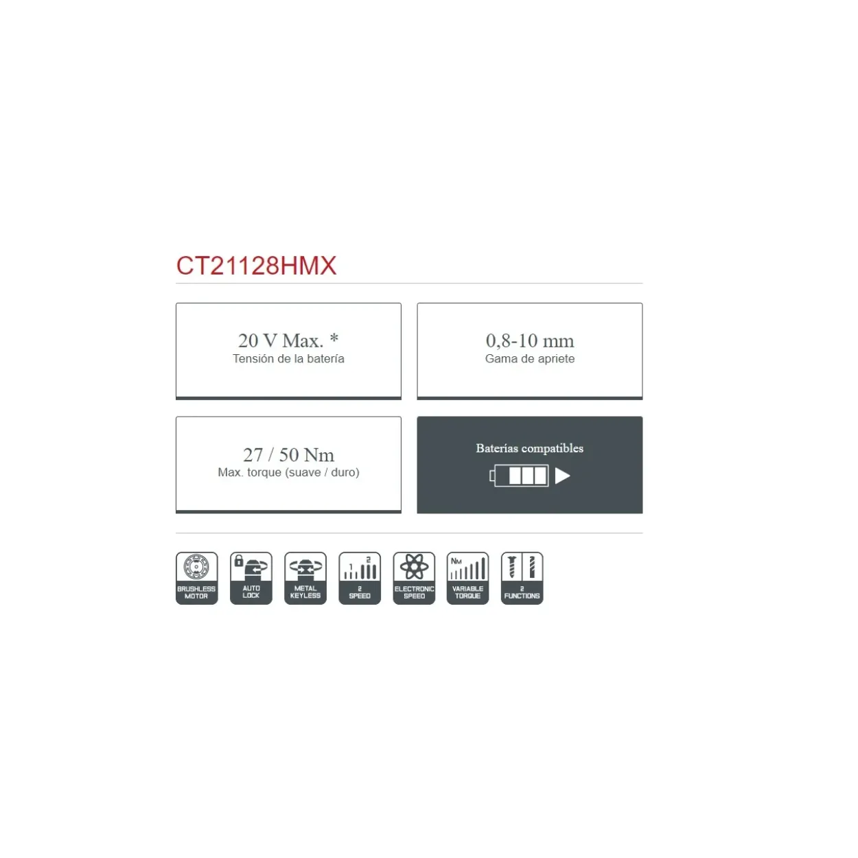 Taladro atornillador compacto batería Crown 20V 27/50Nm