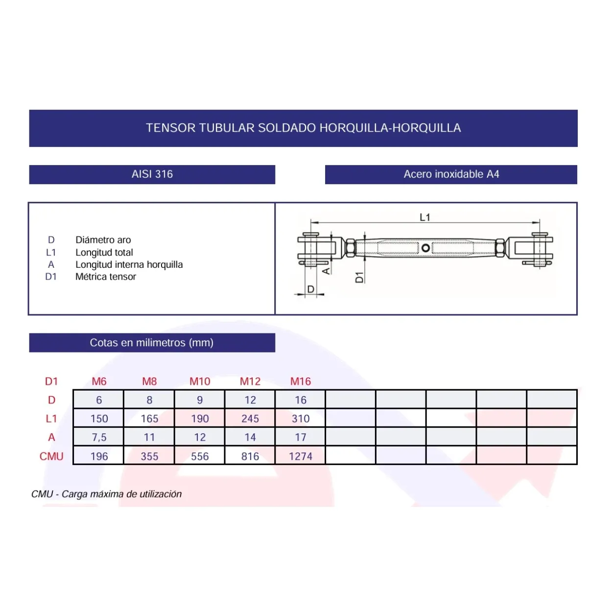 Tensor tubular horquilla-horquilla inoxidable A4