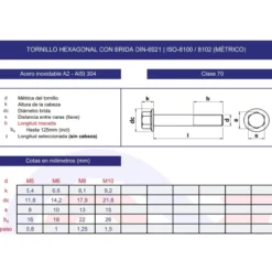 Tornillo hexagonal brida grafilada DIN-6921 inoxidable A2