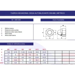 Tuerca ciega autoblocante DIN-986 inoxidable A2