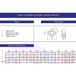 Tuerca cuadrada DIN-928 soldable inoxidable A2